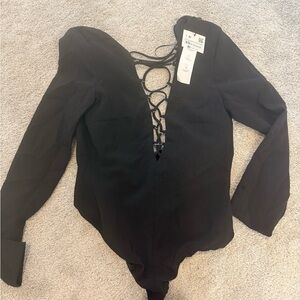 Zara Black Lace-Up Long Sleeve Bodysuit